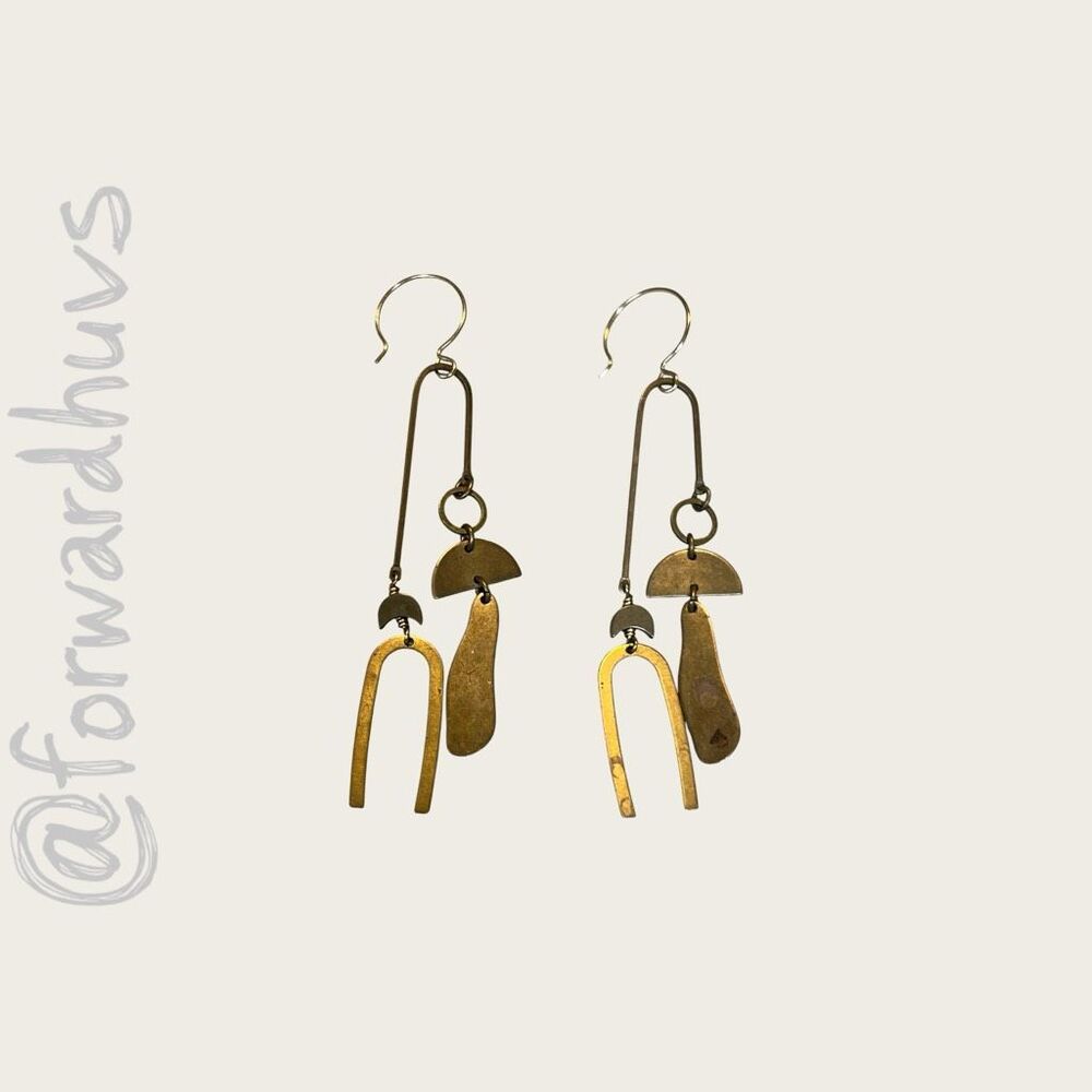 Vintage Handcrafted Brass Modernist Statement Dangle Earrings 3.5” - Picture 2 of 6